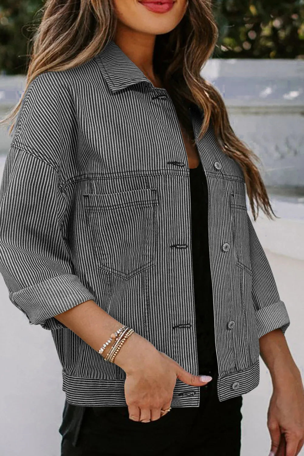 Striped Button Up Long Sleeve Denim Jacket - Lilixa.store