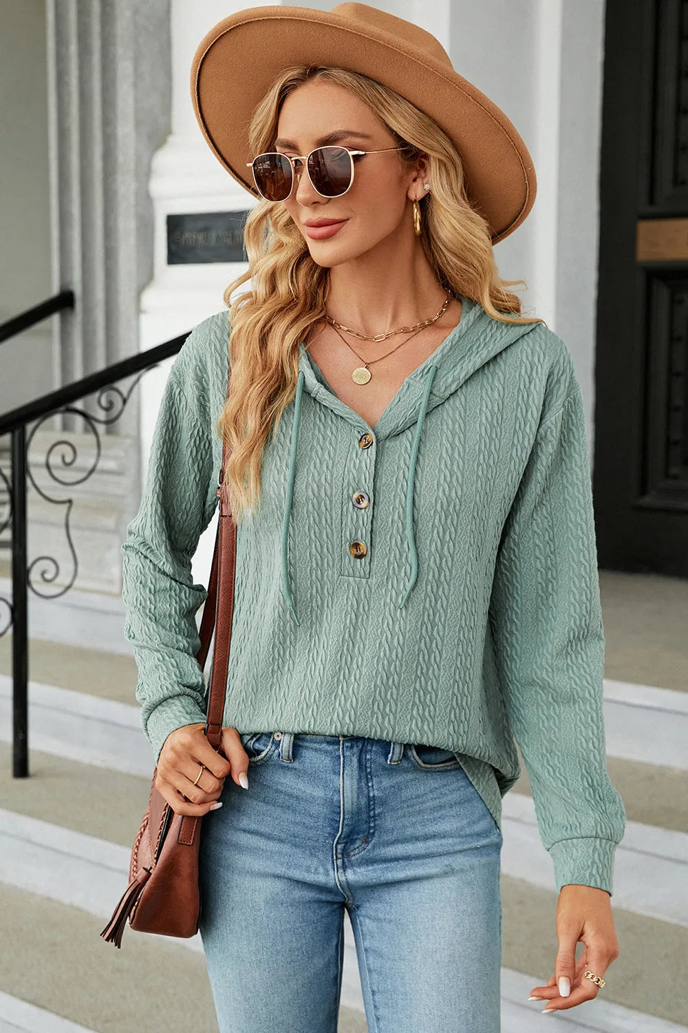 Drawstring Half Button Long Sleeve Hoodie - Lilixa.store