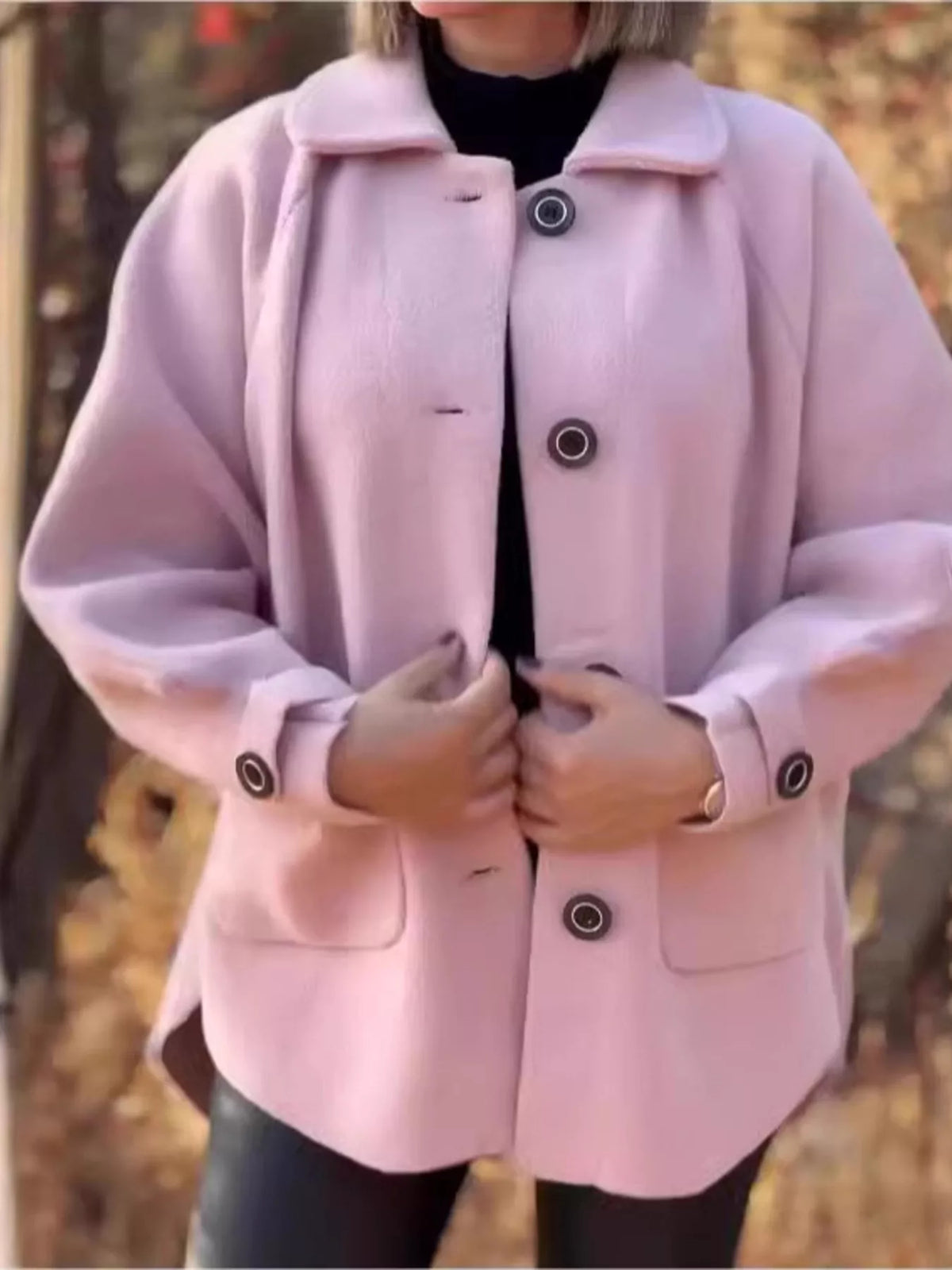 Full Size Button-Front Raglan Sleeve Coat Plus Size in Pink
