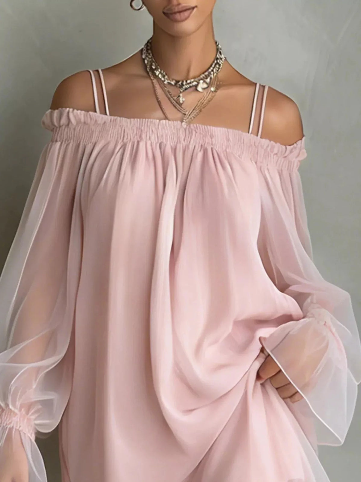 Off-Shoulder Sheer Sleeve Mini Dress - Lilixa.store