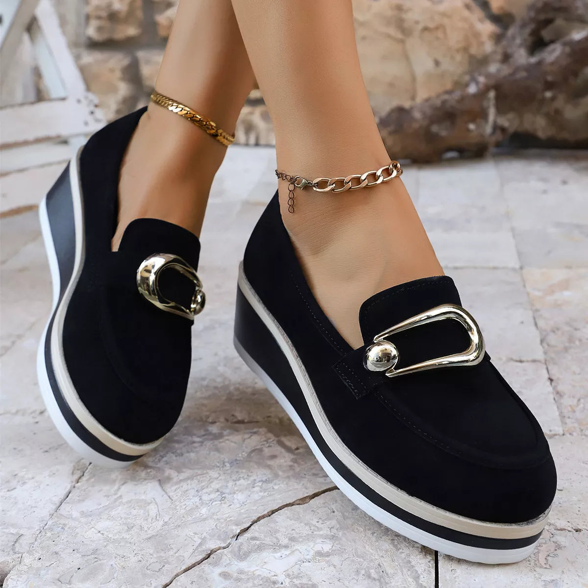 Round Toe Wedge Loafers in Black, view 2