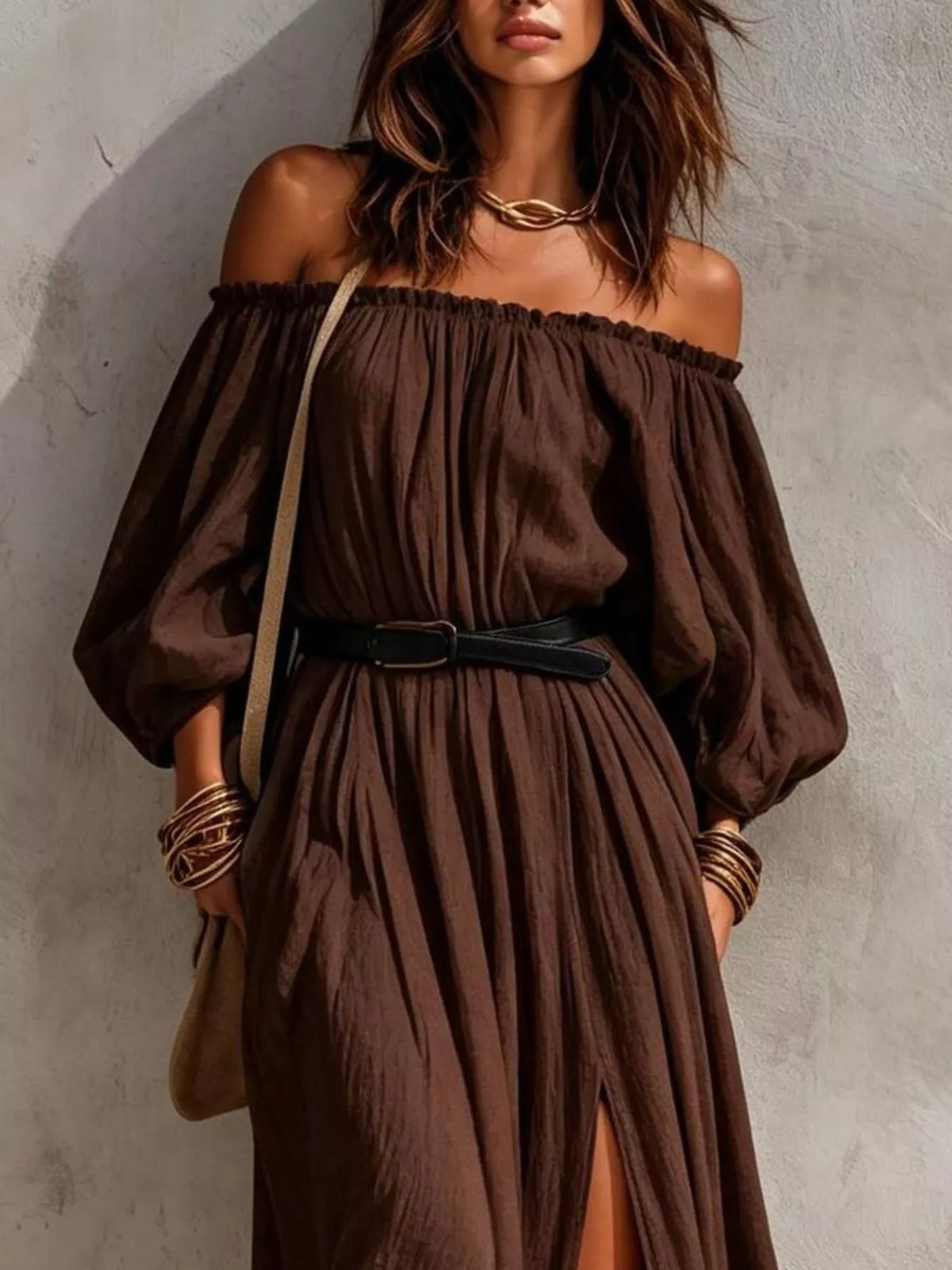 Boho Off-Shoulder Maxi Dress with Side Slit, view 4