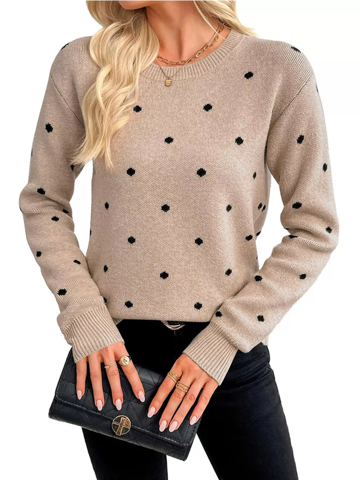 Polka Dot Crew Neck Sweater - Lilixa.store