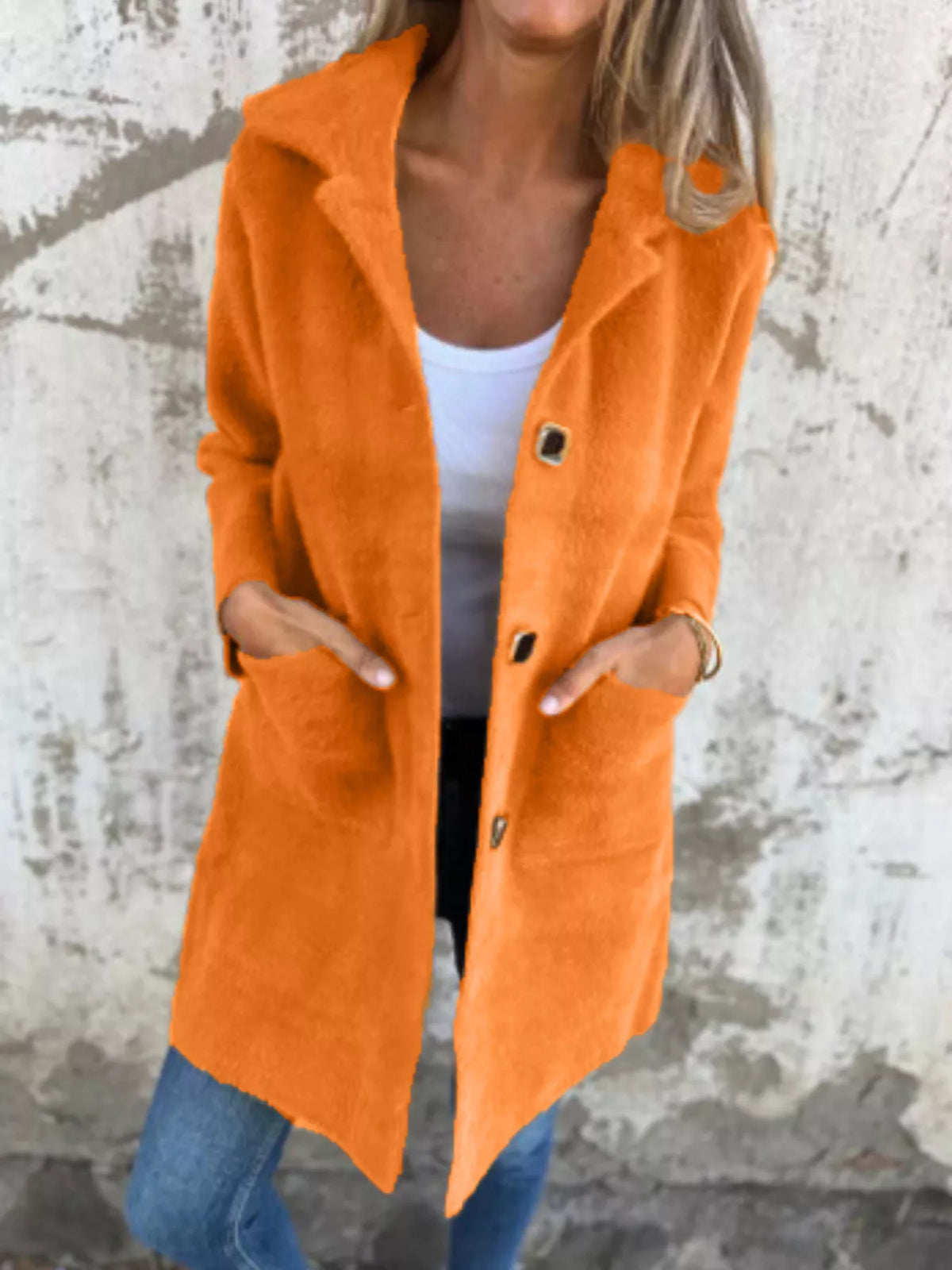 Full Size Button-Down Long Sleeve Longline Coat Plus Size in Orange