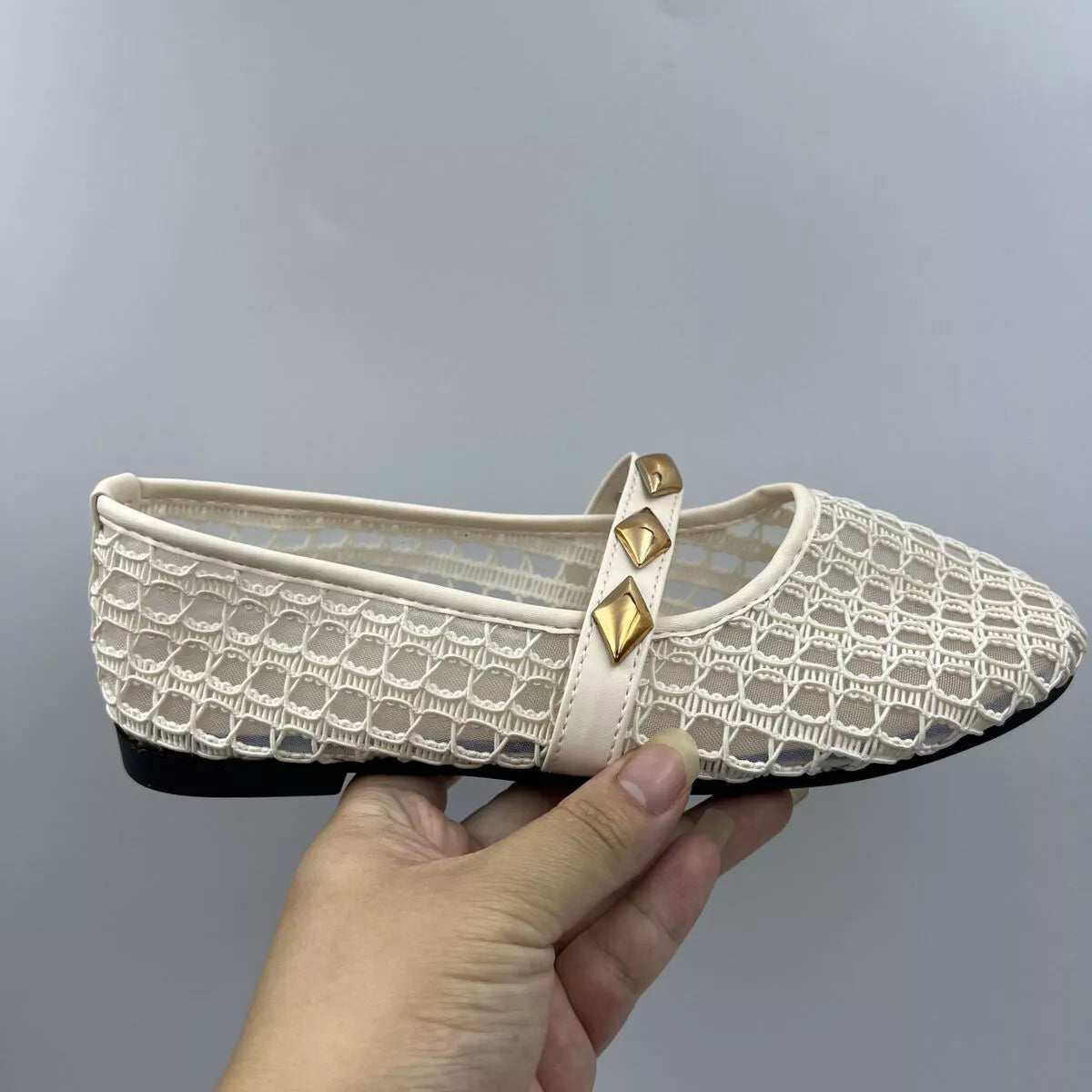 Breathable Mesh Loafers with Decorative Gold Studded Straps, view 6