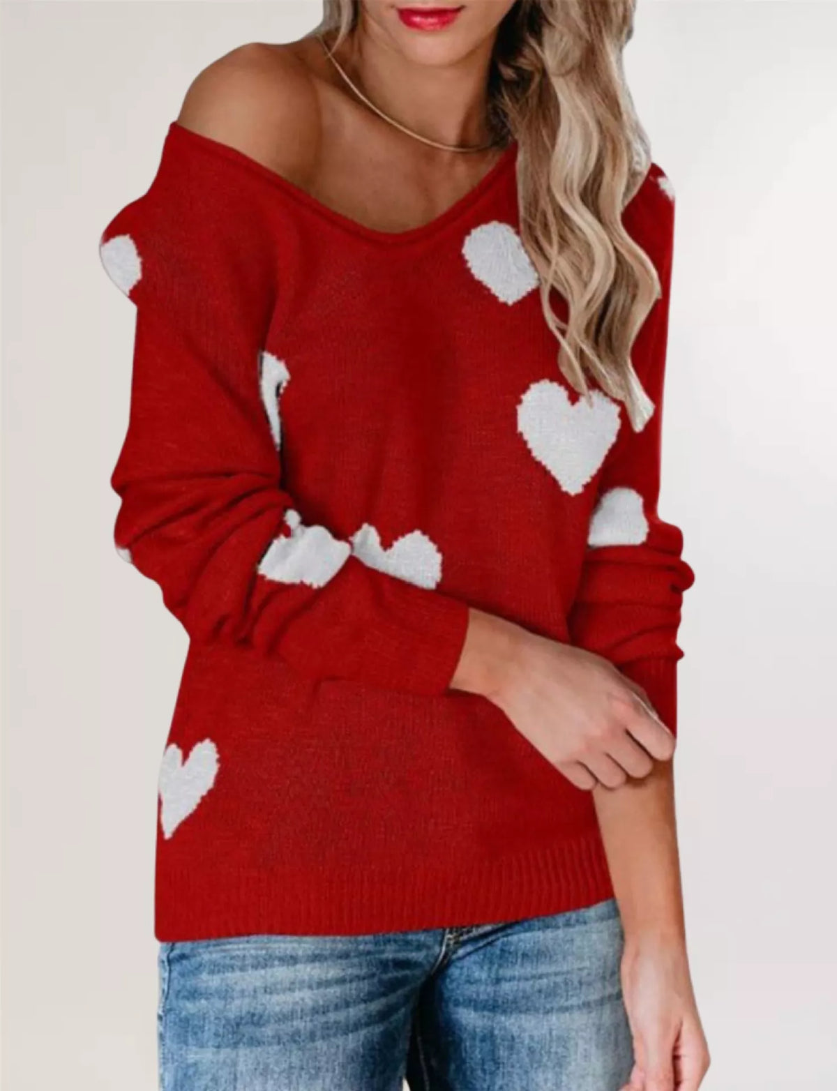Heart Pattern V-Neck Sweater
