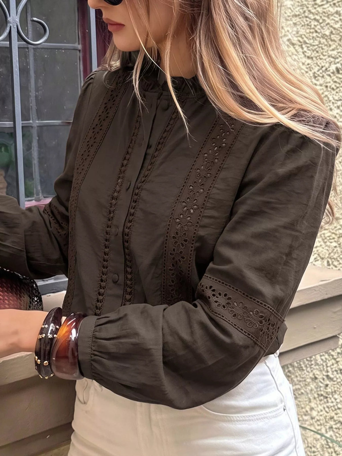 Eyelet Lace Trim Long Sleeve Blouse