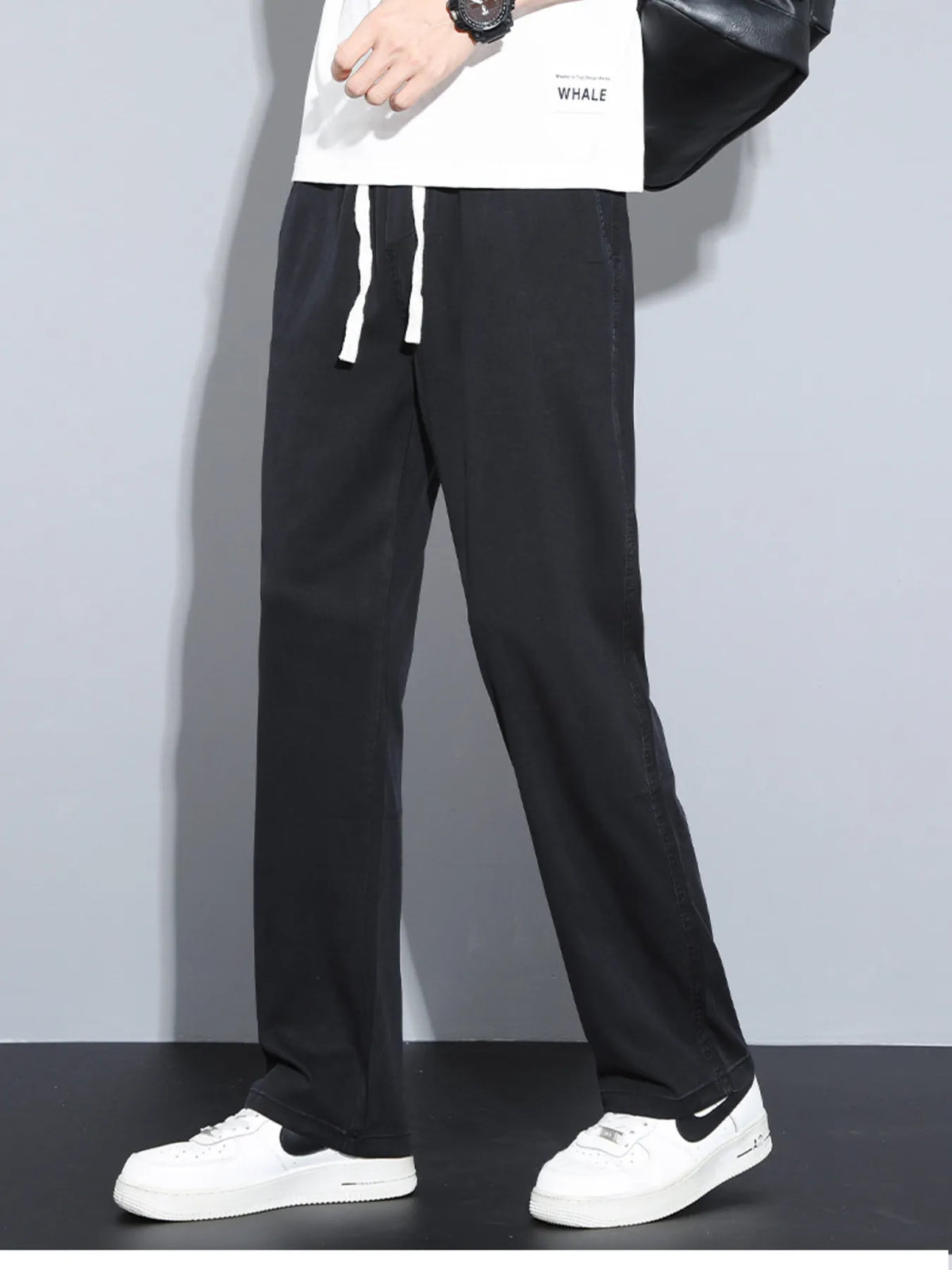 Men's Plus Size Casual Wide Leg Drawstring Pants in Black