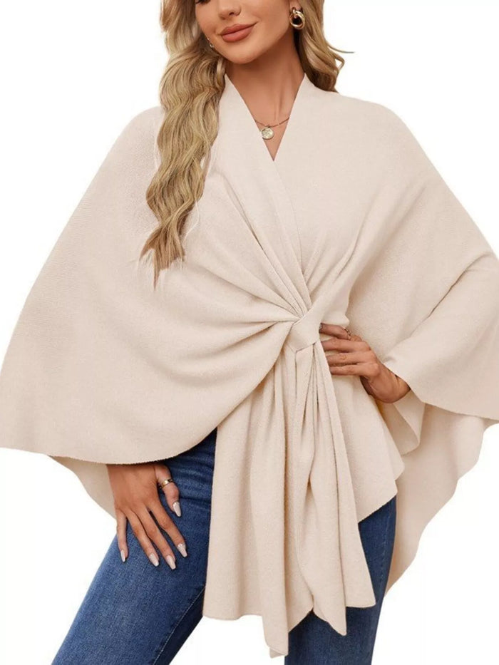 Solid Color Tie-Front Knit Cape Top in Eggshell