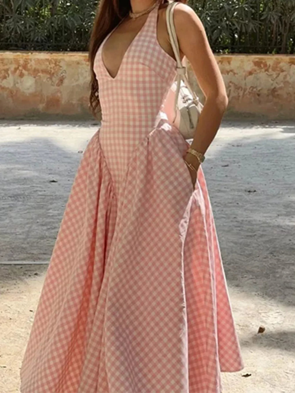 Full Size Gingham Halter Neck Maxi Dress Plus Size - Lilixa.store