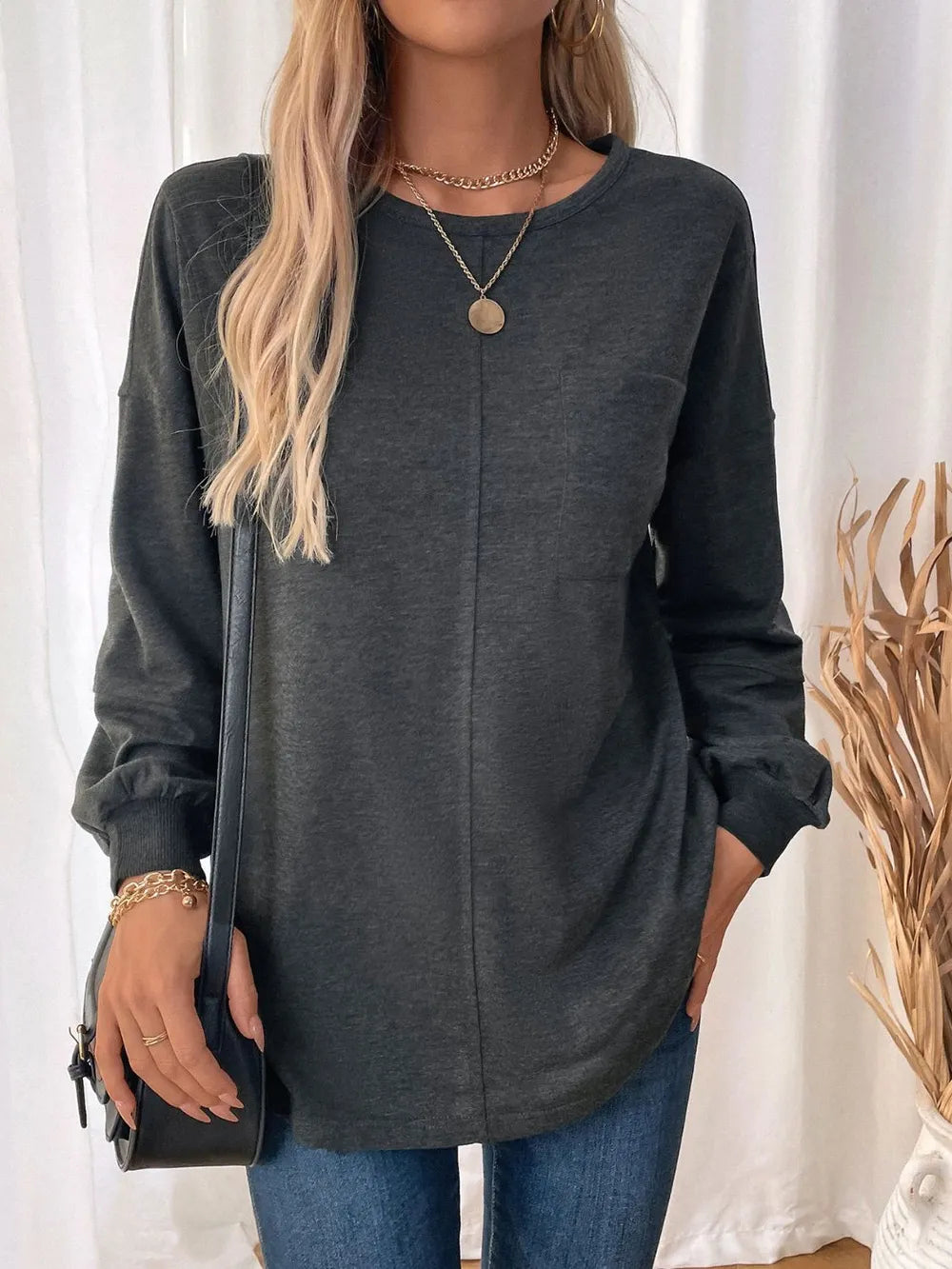 Perfee Pocketed Round Neck Long Sleeve Sweatshirt - Lilixa.store