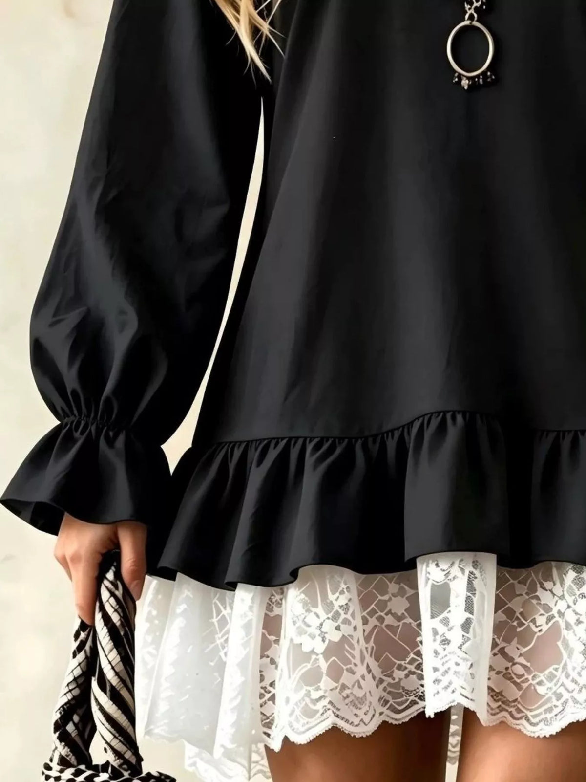 V-Neck Long Sleeve Ruffle Hem Lace Trim Mini Dress, view 5