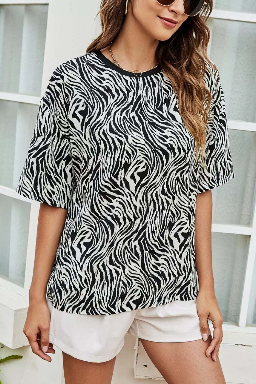Printed Round Neck Half Sleeve Top - Lilixa.store