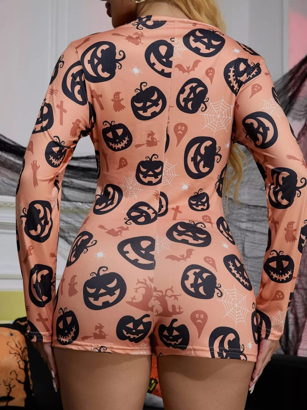 Halloween Pumpkin Print Button-Front Lounge Romper - Lilixa.store
