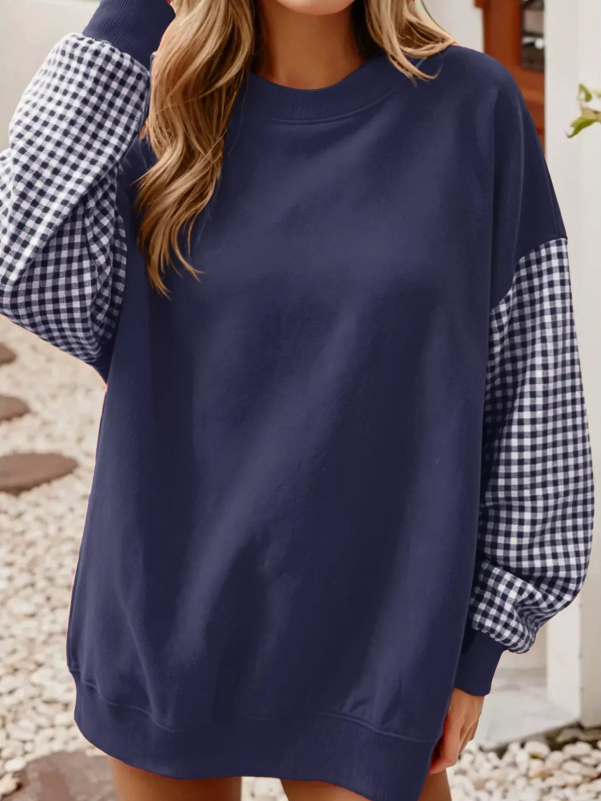 Contrast Gingham Long Sleeve Sweatshirt - Lilixa.store
