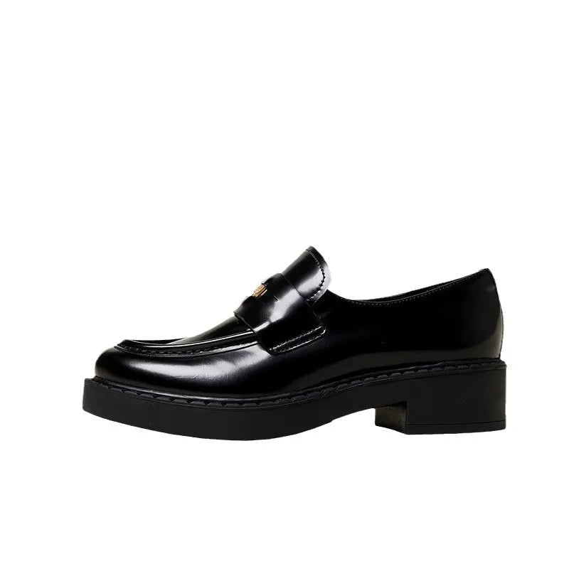 Round Toe Block Heel Loafers in Black, view 2