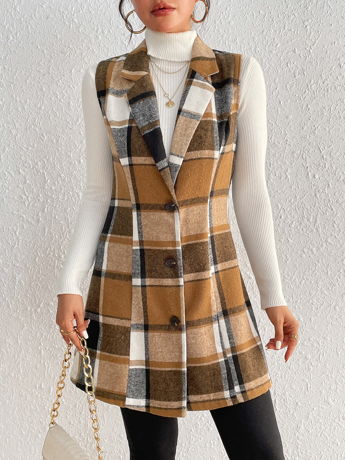 Honey Plaid Lapel Collar Vest in Camel, view 5