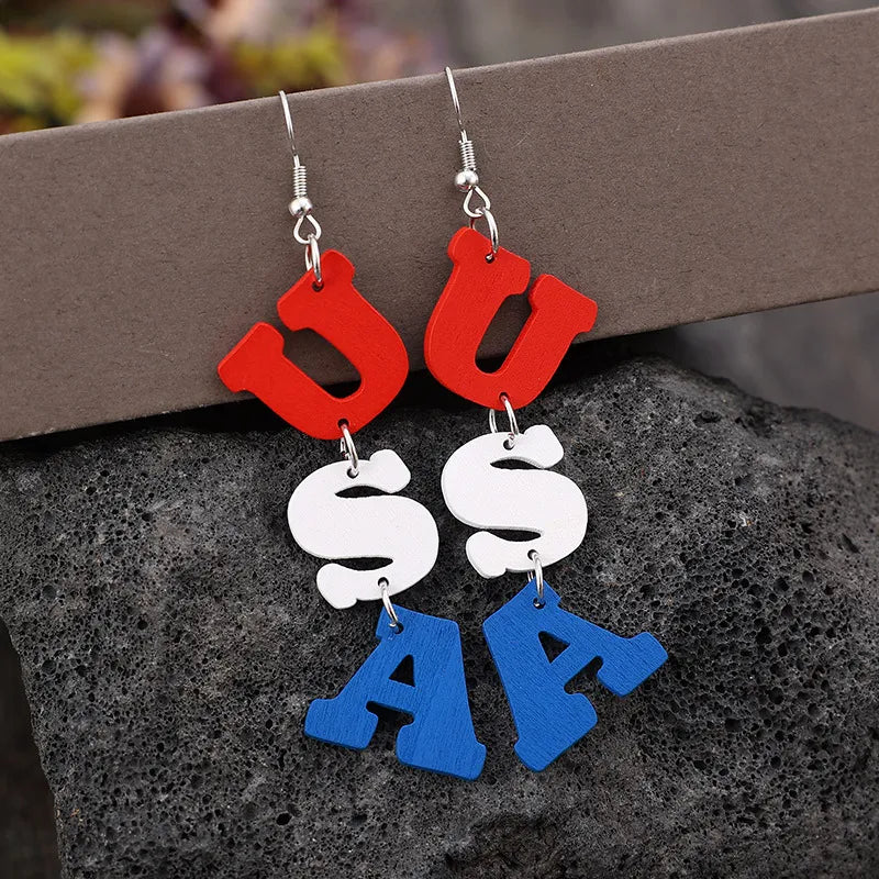 USA Wooden Letter Dangle Earrings in White, view 2