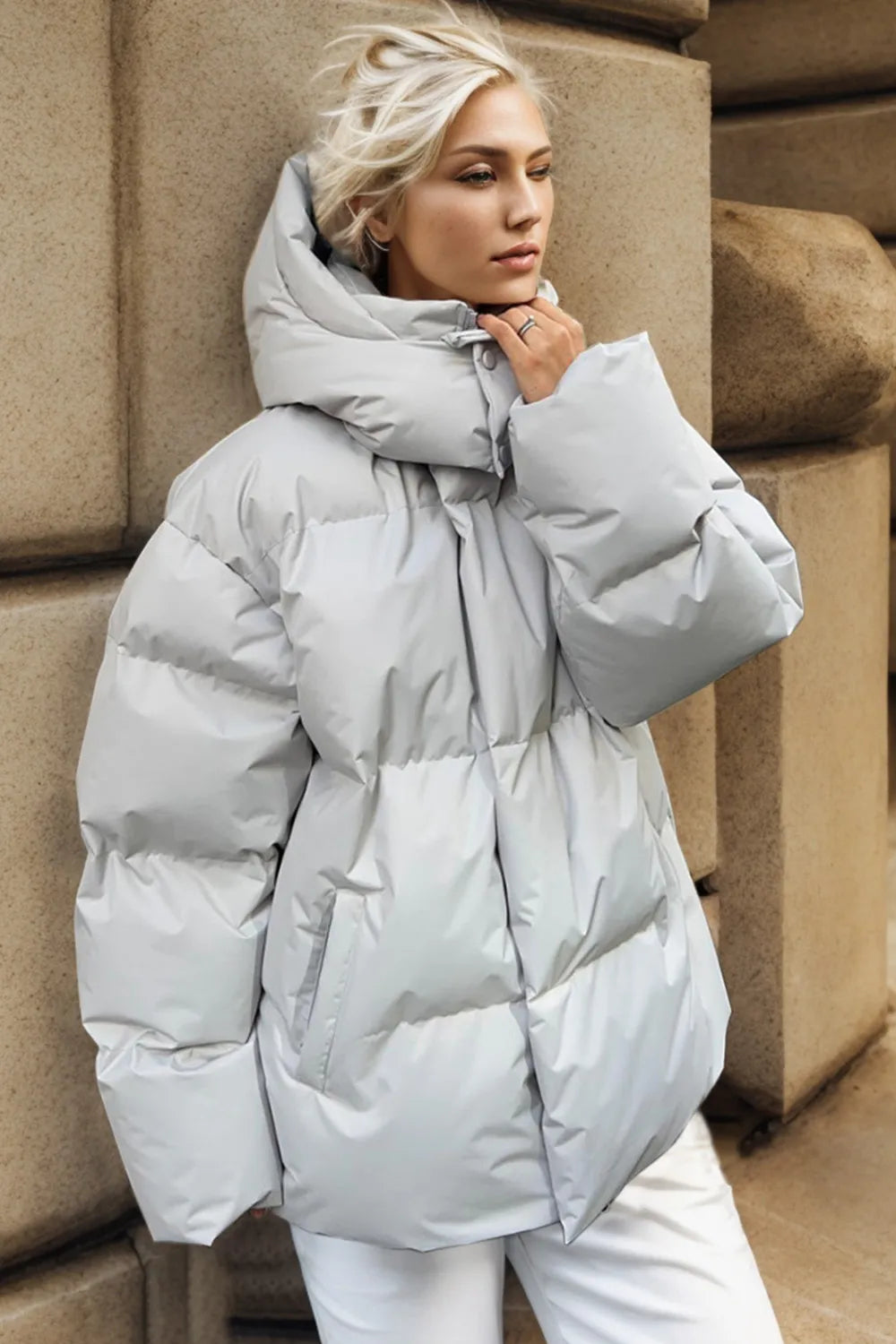 Pocketed Zip Up Hooded Puffer Jacket, view 9