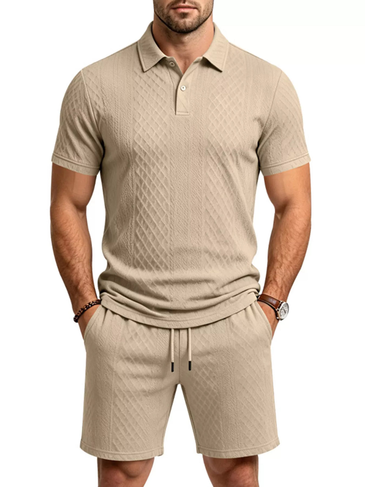 Men's Full Size Textured Short Sleeve Polo and Shorts Set Plus Size - Lilixa.store