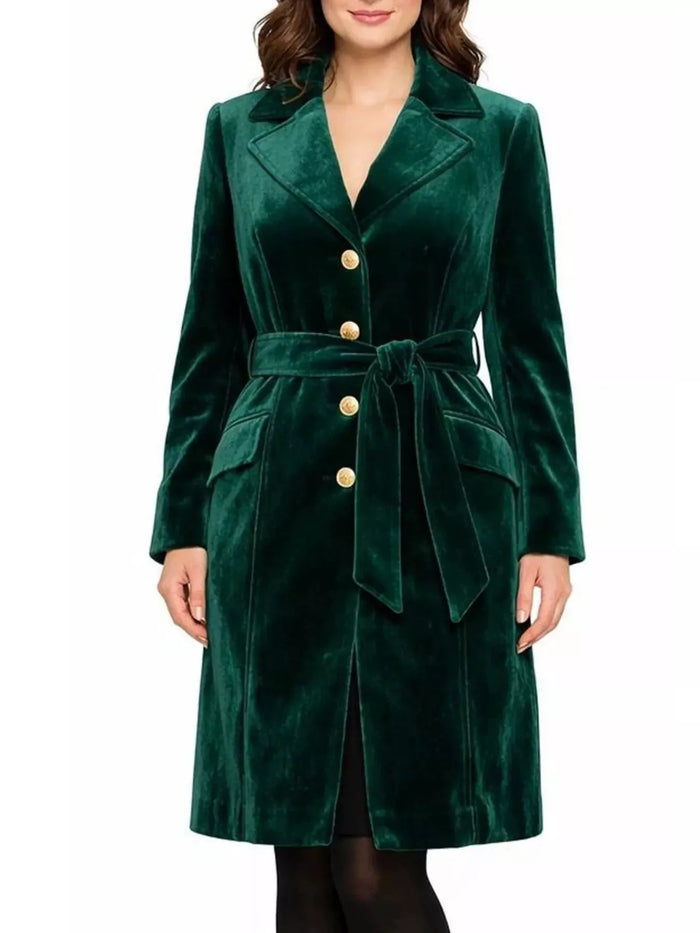 Single-Breasted Velvet Trench Coat with Gold Buttons in Dark Green
