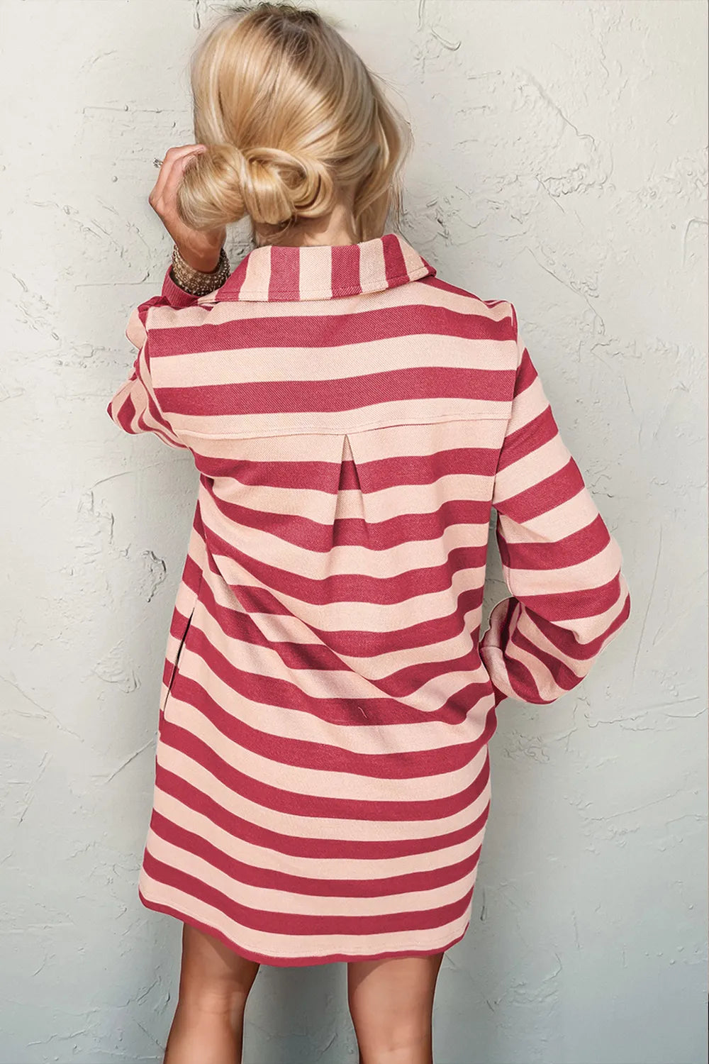 Double Take Full Size Striped Contrast Collared Neck Long Sleeve Dress in Deep Rose, view 2
