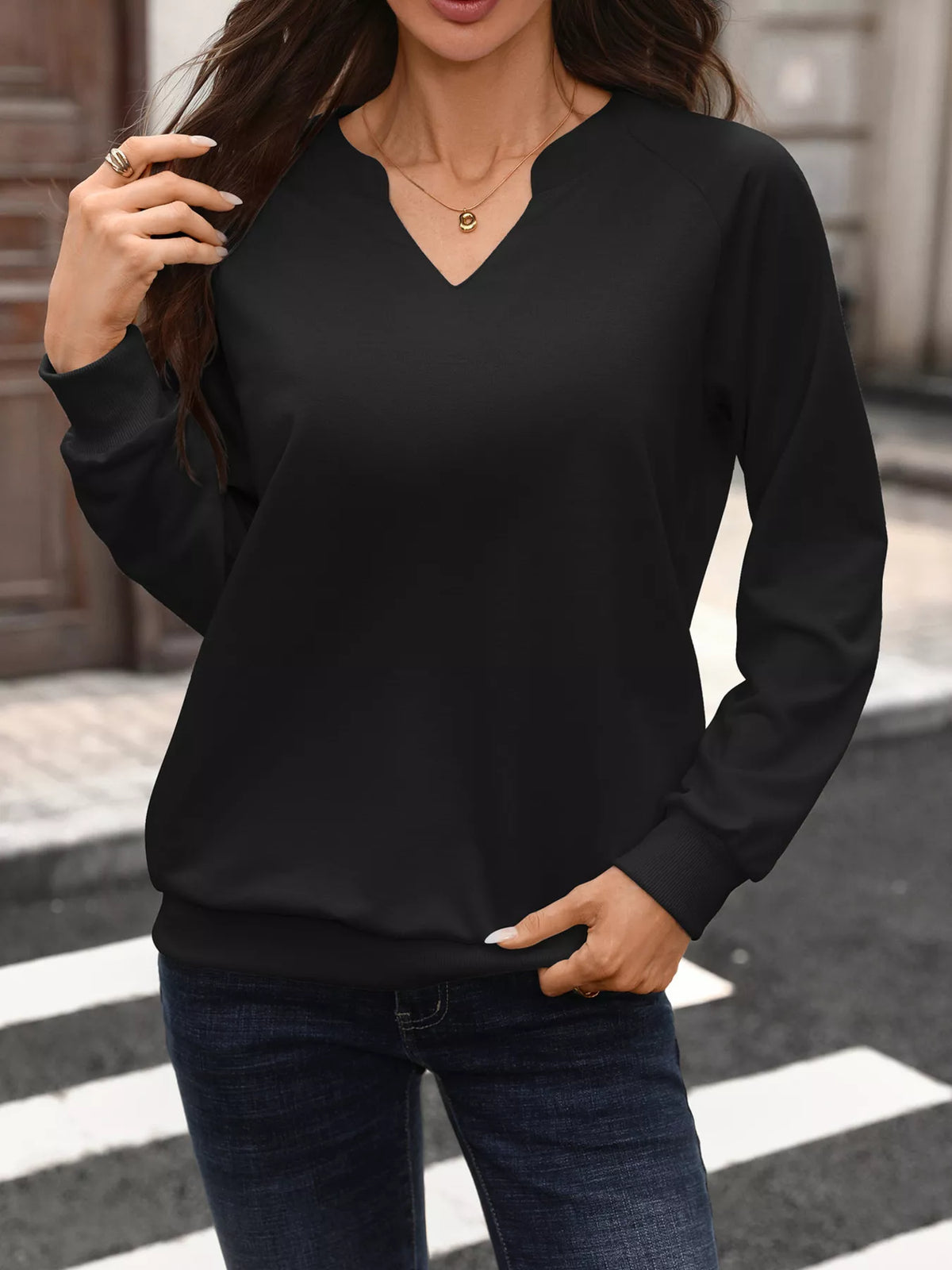Notched Raglan Sleeve Sweatshirt - Lilixa.store