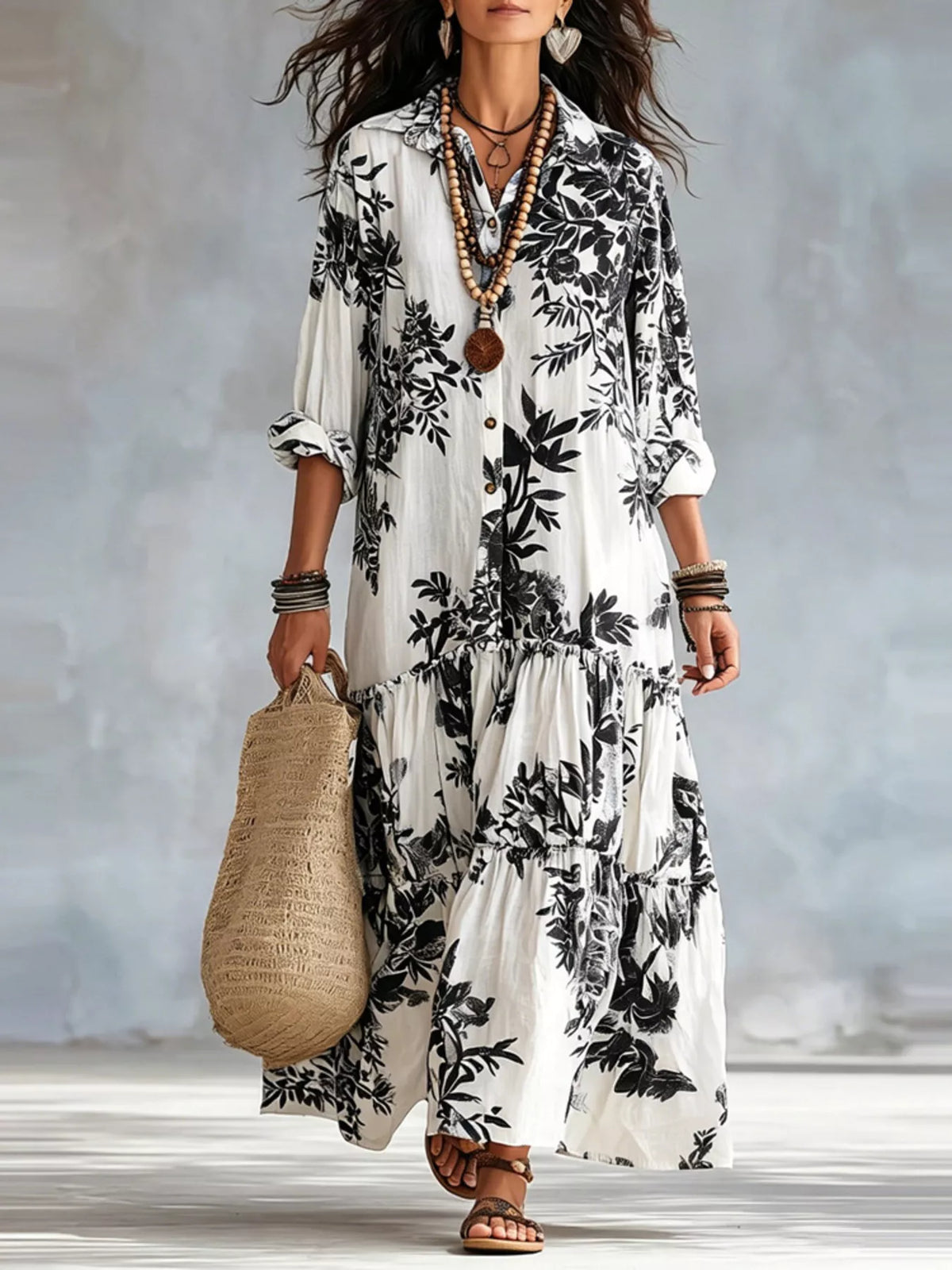 Printed Button Front Maxi Dress