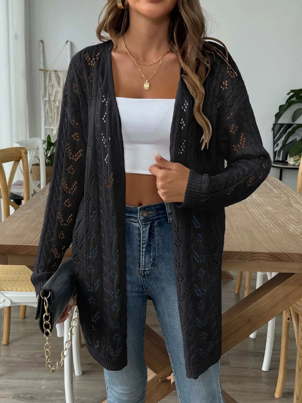 Openwork Open Front Long Sleeve Cardigan - Lilixa.store
