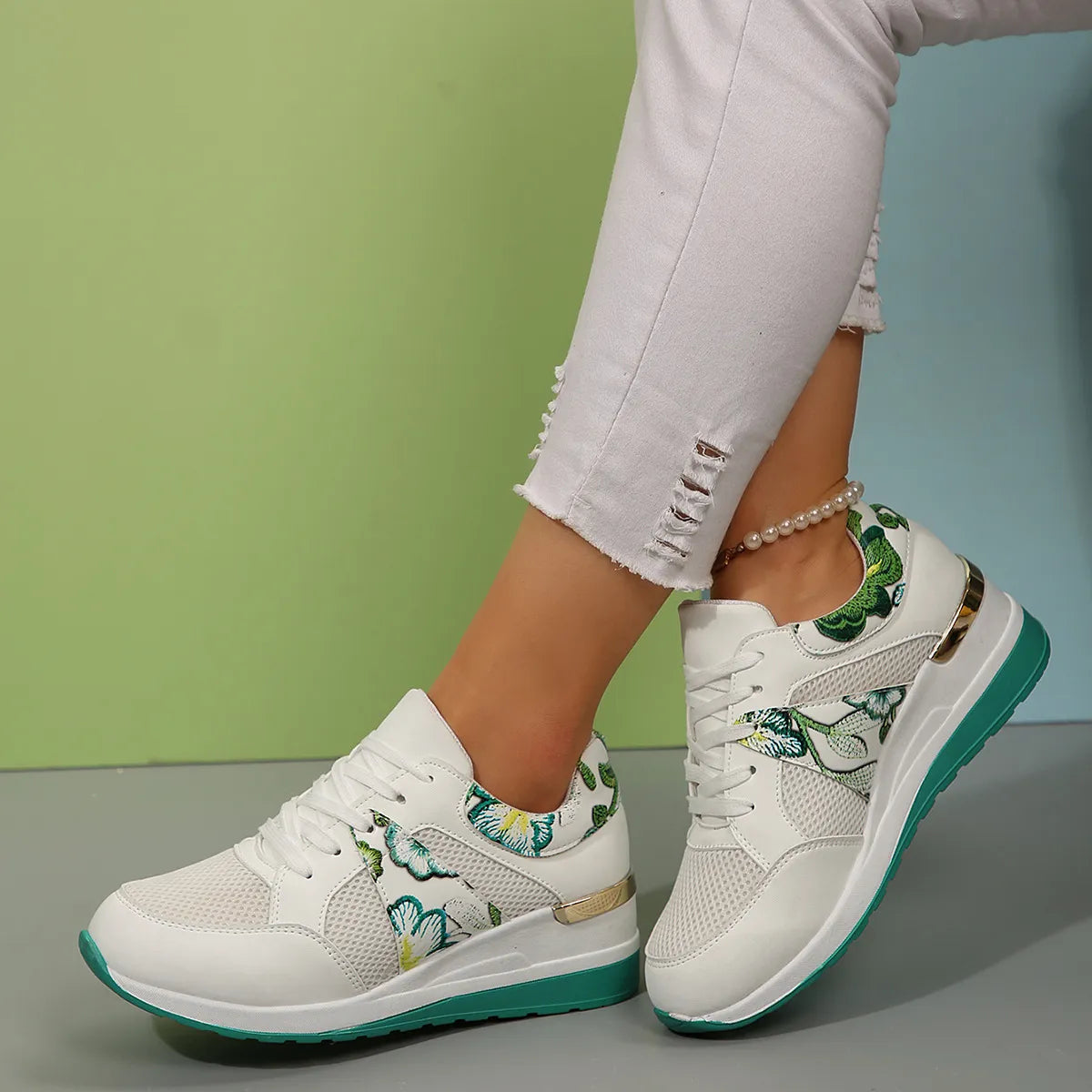 Floral Mesh Wedge Athletic - Lilixa.store