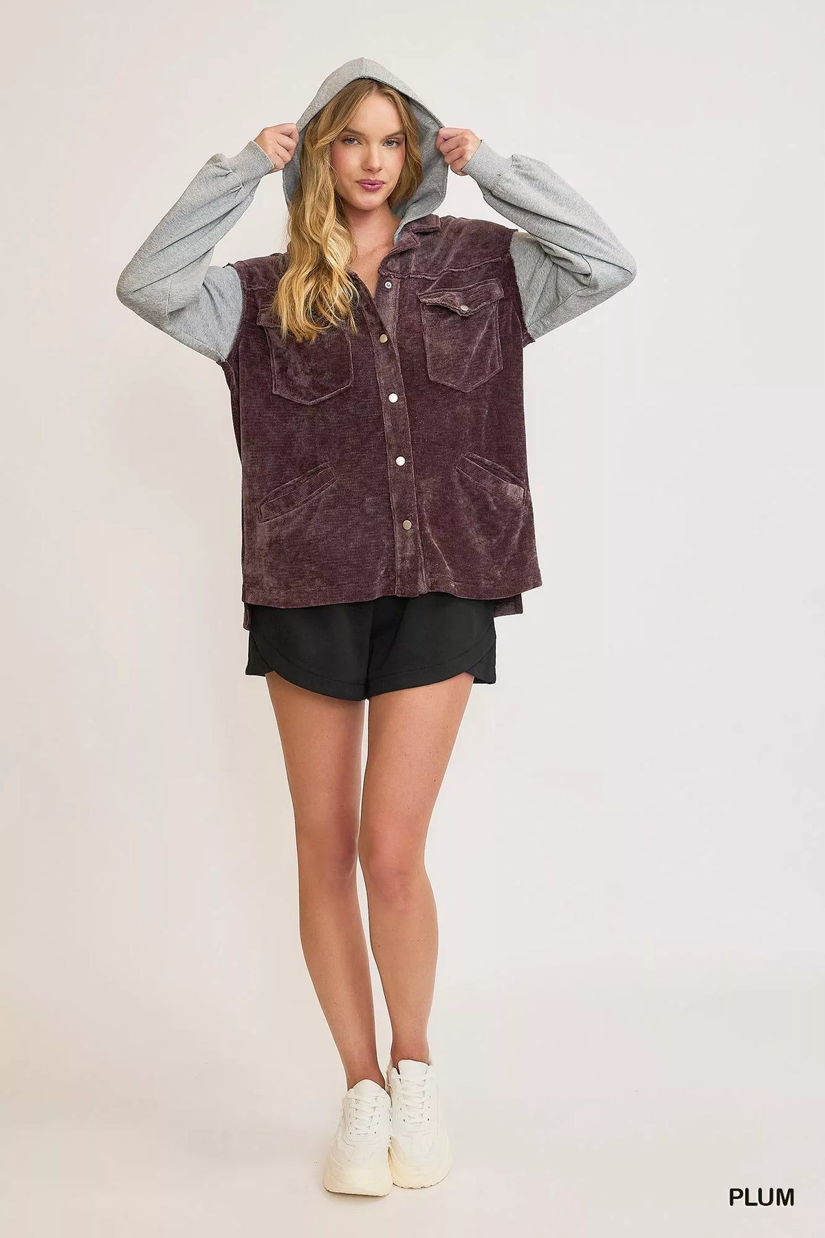 Umgee Contrast Hooded Chenille Jacket in Plum, view 5