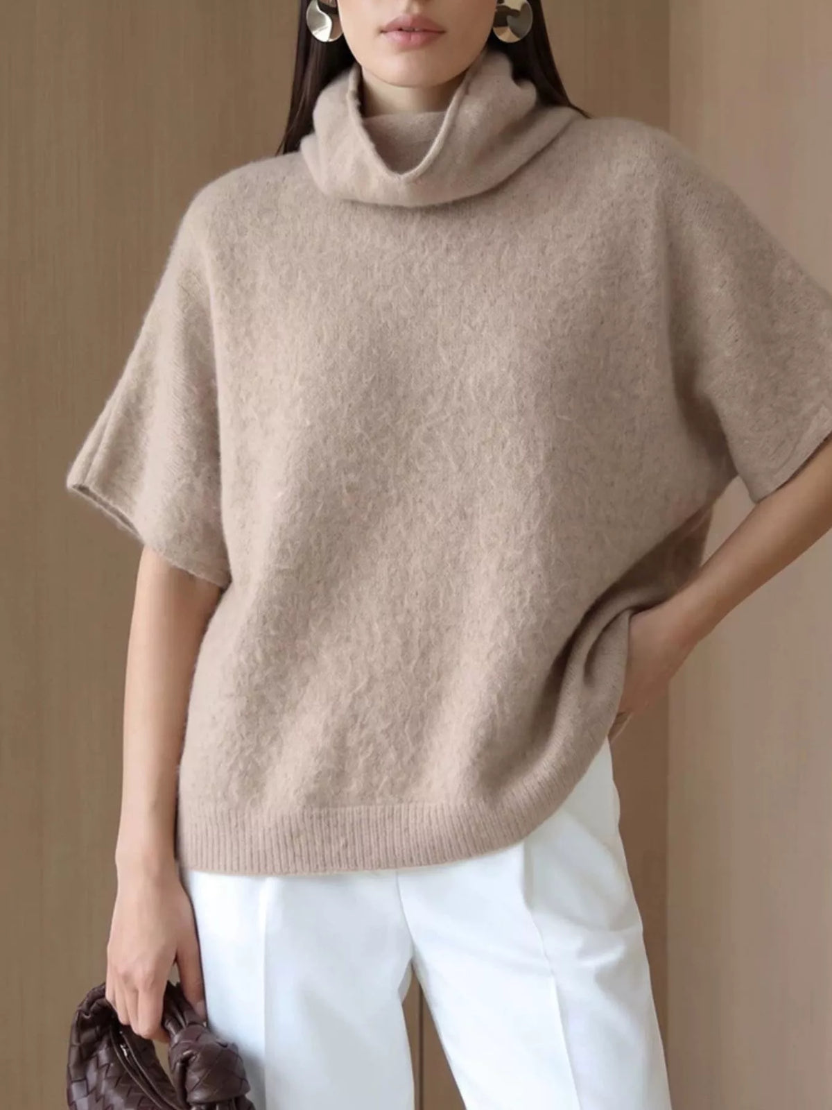 Turtleneck Fuzzy Short Sleeve Sweater, view 21