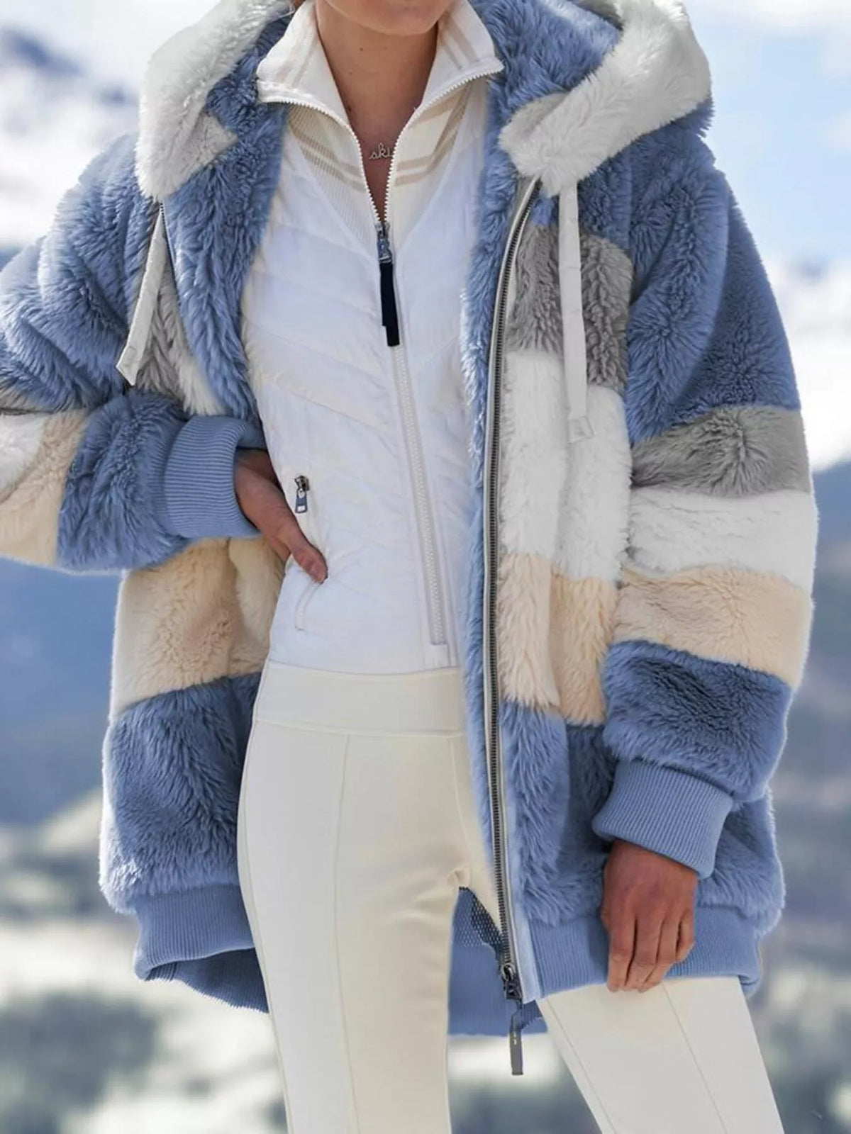 Full Size Fuzzy Zip Up Hooded Outerwear Plus Size in Blue