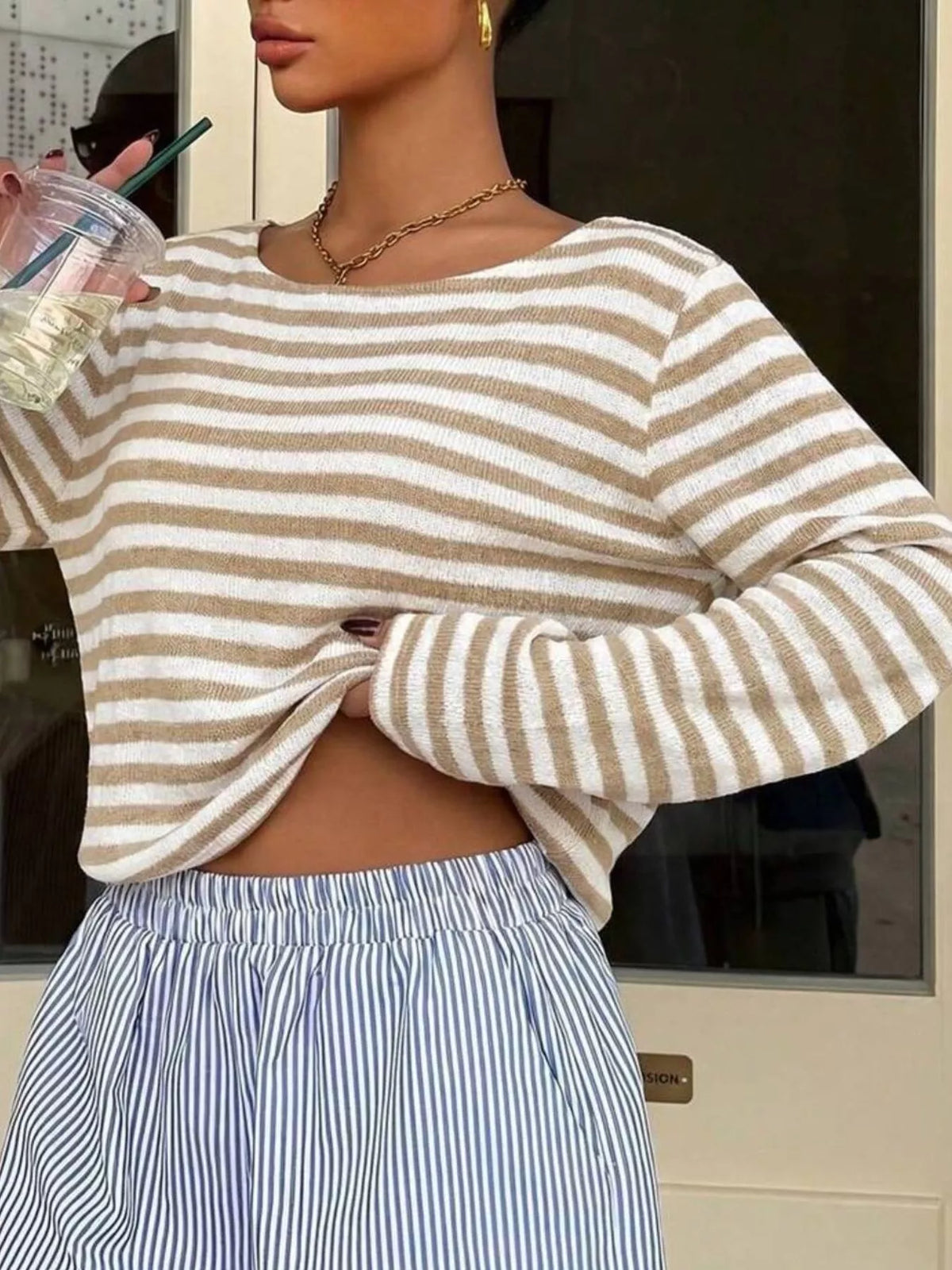 Boat Neck Striped Long Sleeve T-Shirt - Lilixa.store