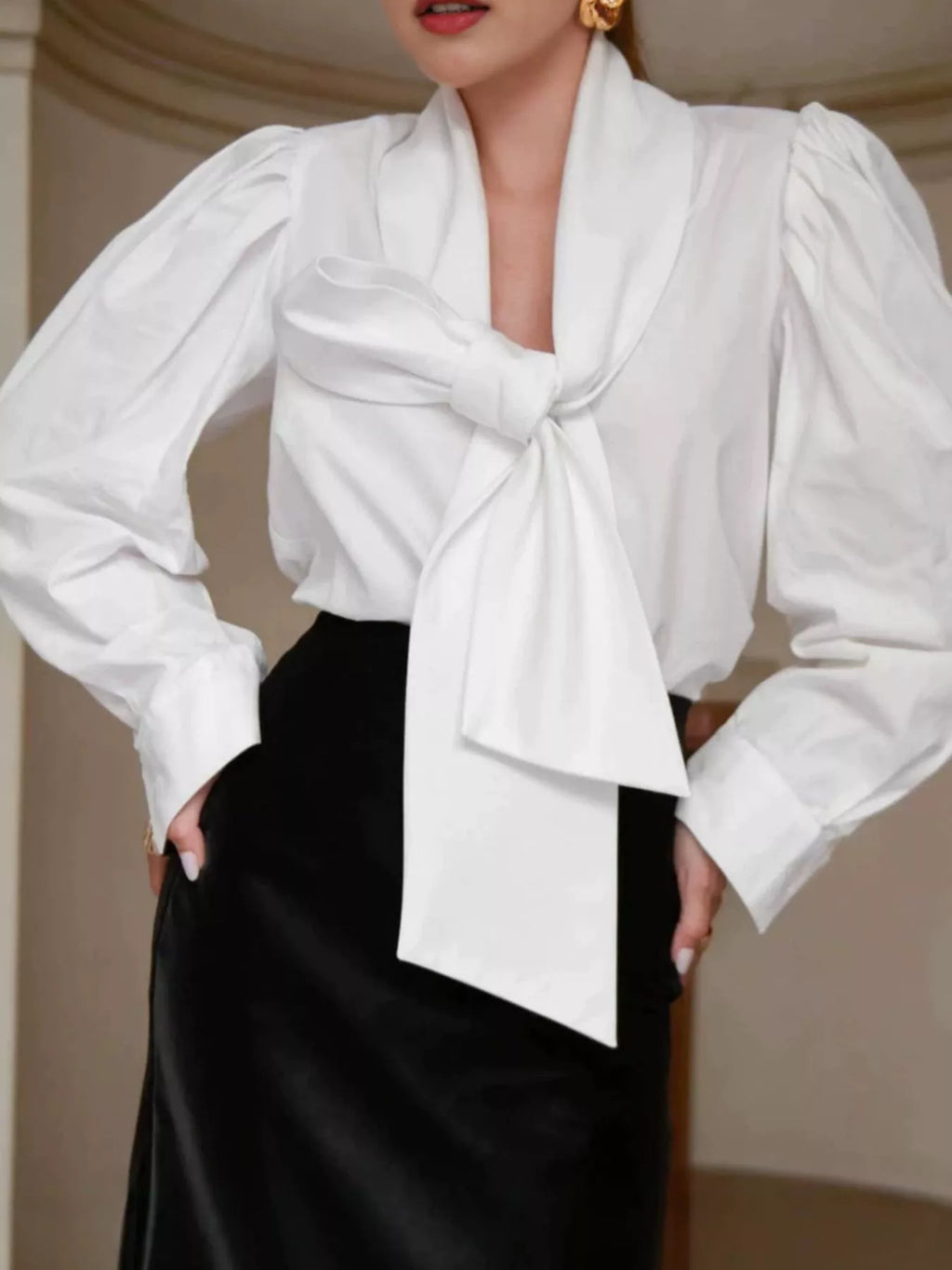 Tie Front Puff Sleeve Shirt - Lilixa.store