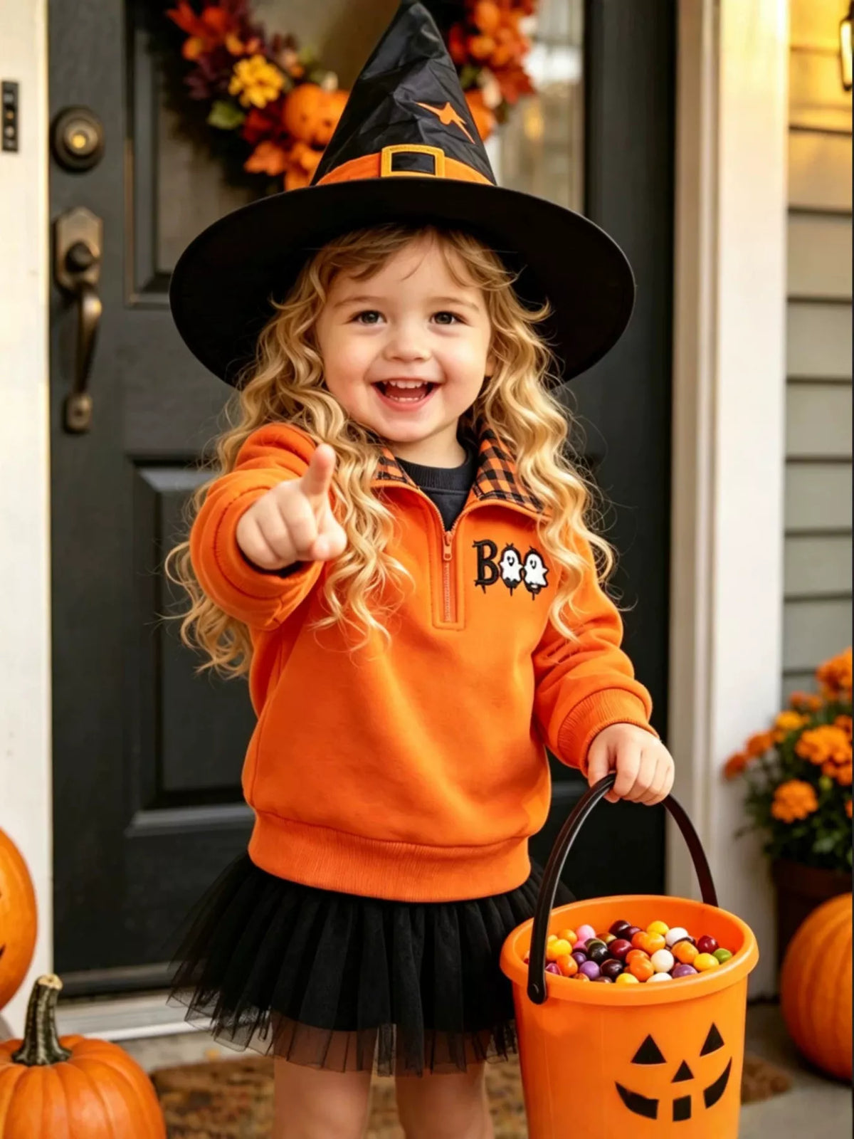 Children's Pumpkin Quarter-Zip Plaid Collar Sweatshirt - Lilixa.store