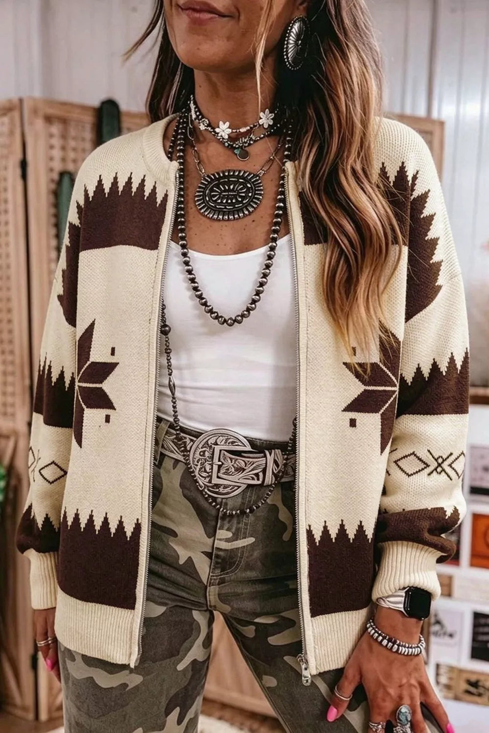 Geometric Zip-Up Knit Cardigan