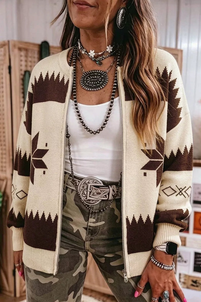 Geometric Zip-Up Knit Cardigan - Lilixa.store