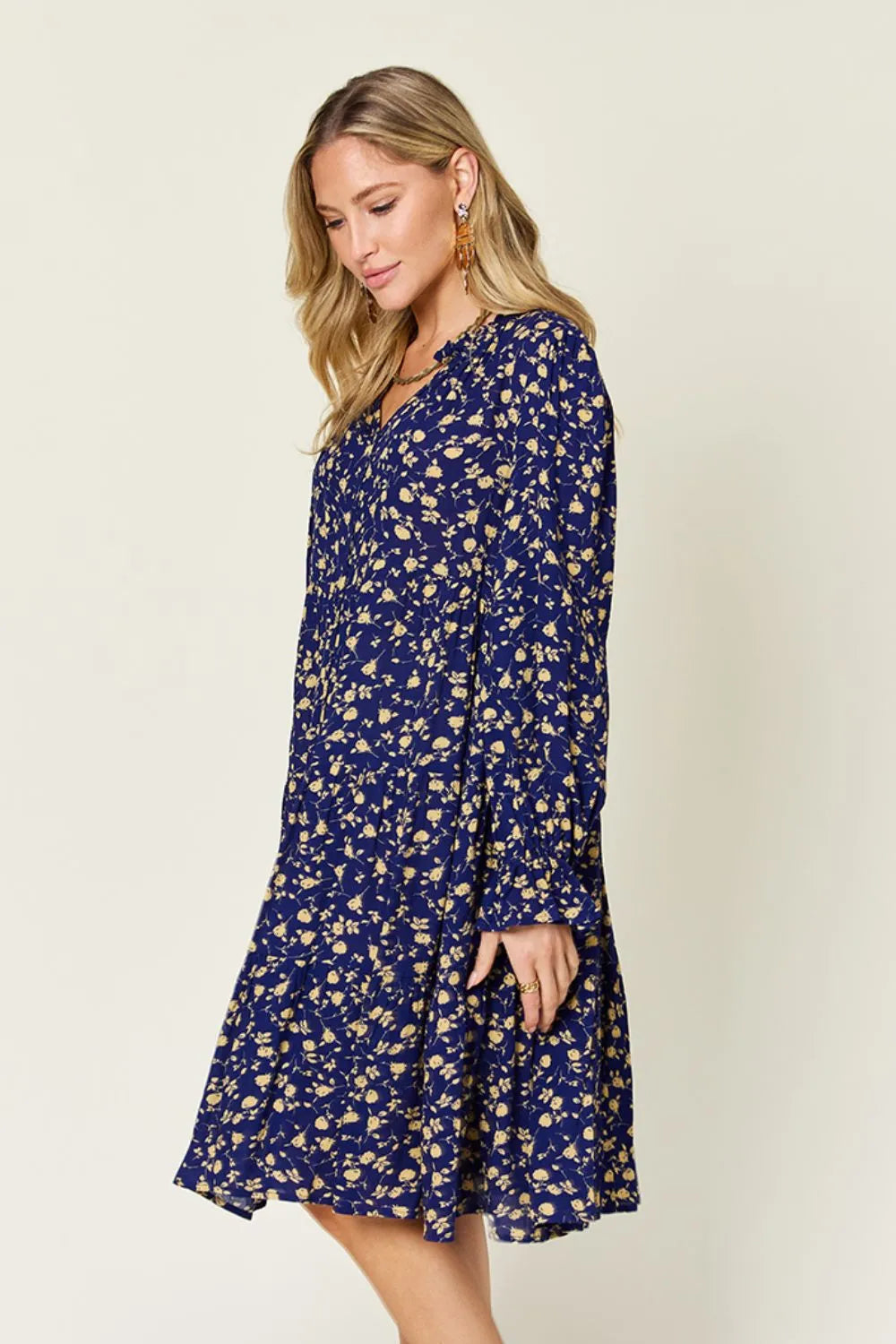 Double Take Full Size Printed Ruffle Hem Long Sleeve Tiered Dress - Lilixa.store