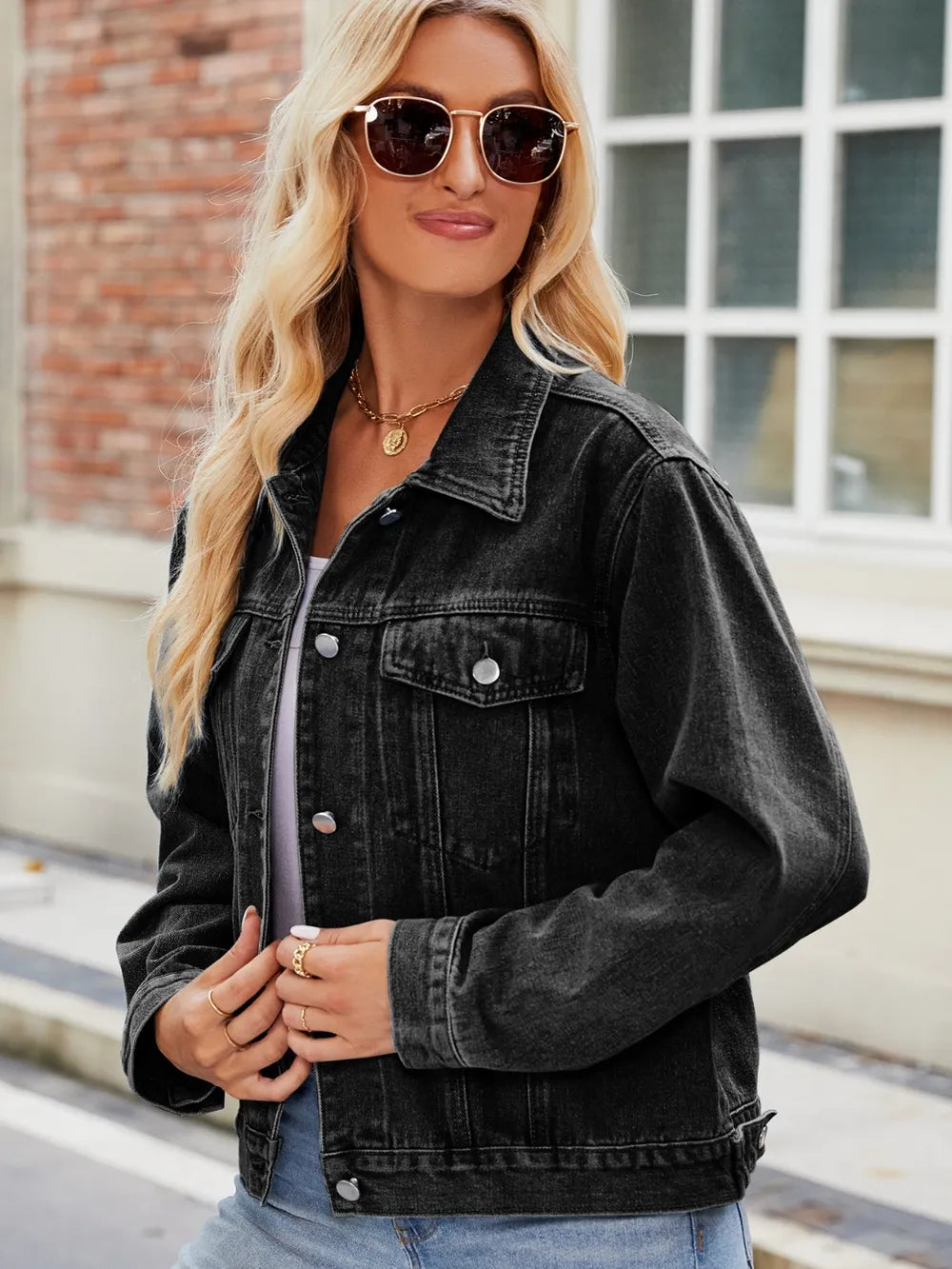 Pocketed Collared Neck Denim Jacket in Black, view 2