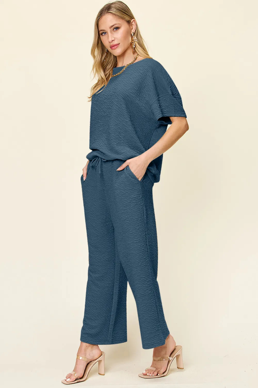 Double Take Full Size Texture Short Sleeve Top and Pants Set in Deep Teal