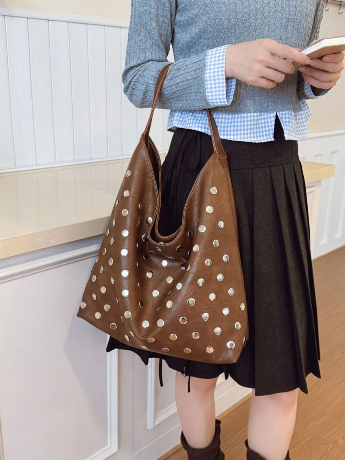 Studded Hobo Shoulder Bag - Lilixa.store