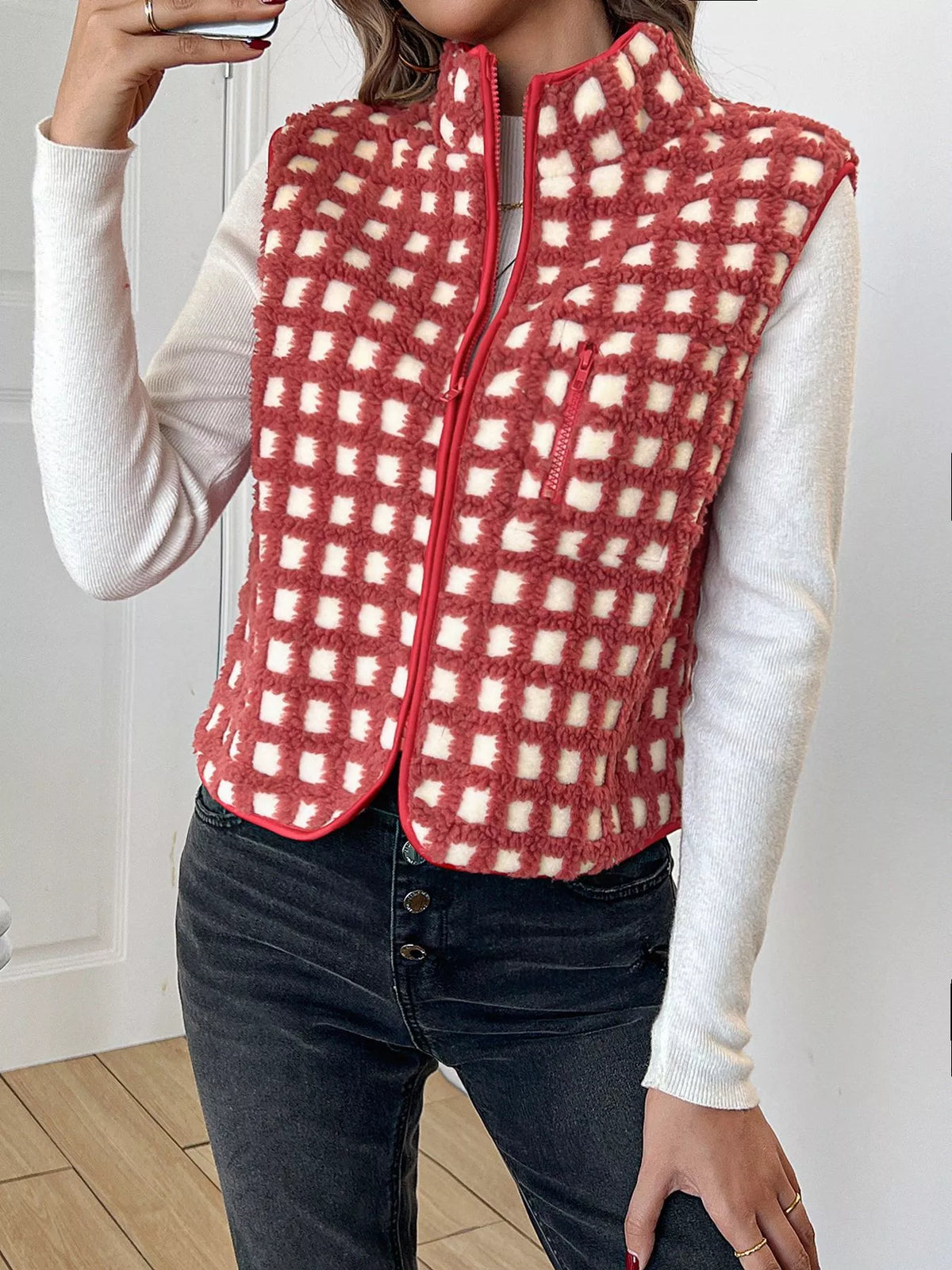 Plaid Zip Up Vest Coat - Lilixa.store
