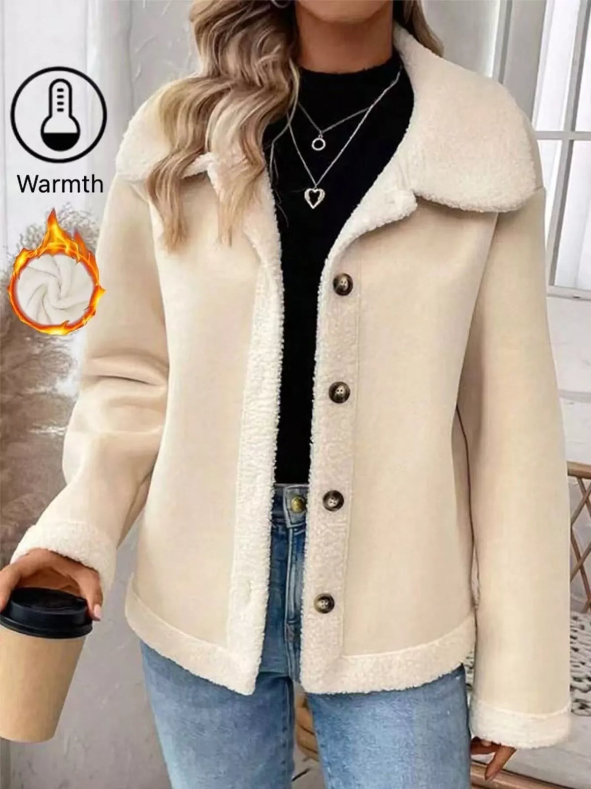 Plus Size Fleece Button-Down Outerwear in Apricot, view 4