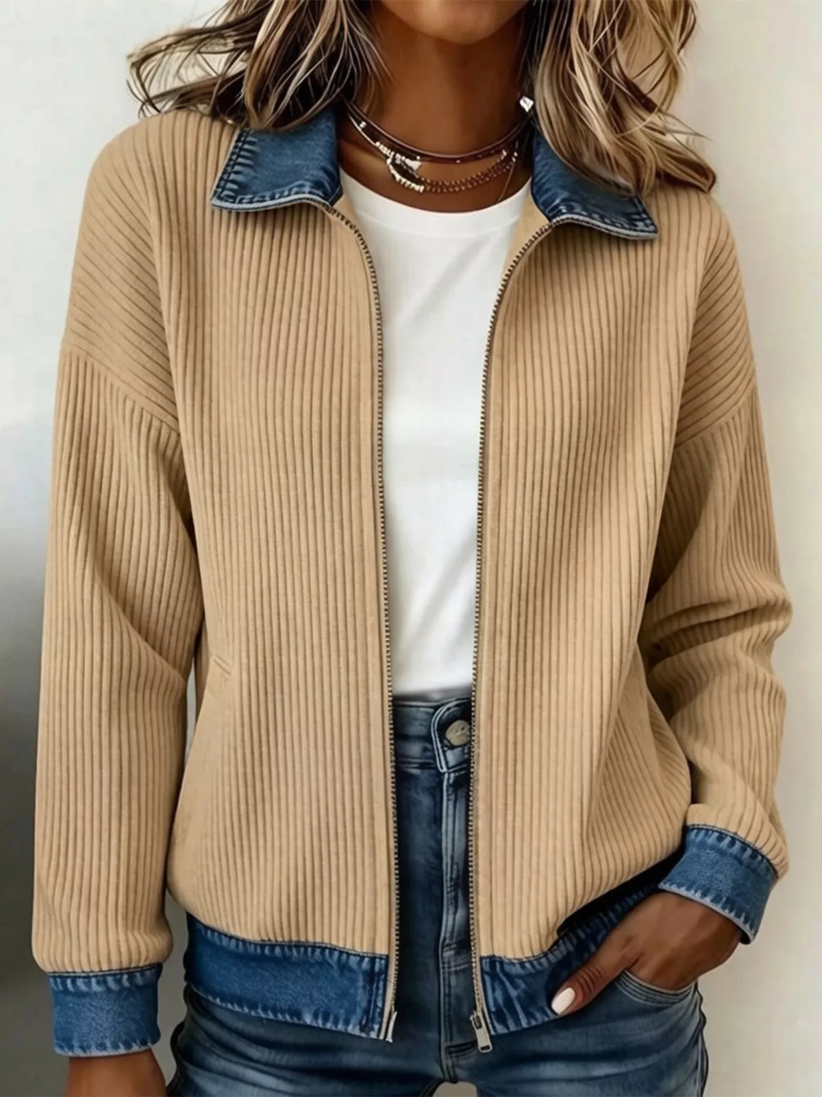 Contrast Denim Collar Ribbed Knit Jacket - Lilixa.store