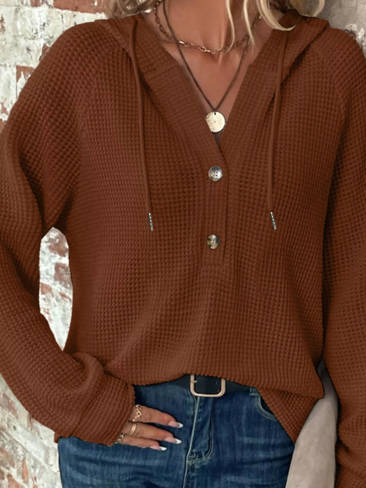 Casual Waffle Knit Button Detail Hoodie - Lilixa.store