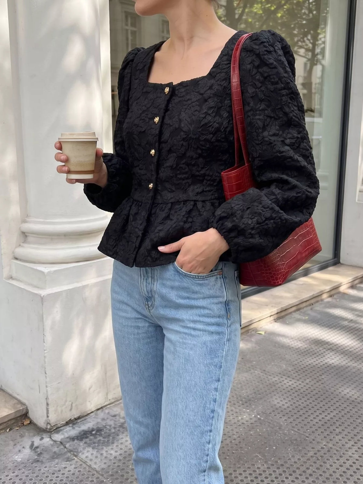 Square Neck Textured Peplum Blouse, view 7