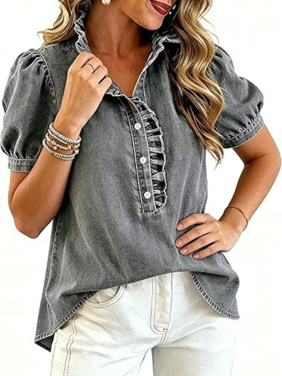 Frill Puff Sleeve Denim Top - Lilixa.store