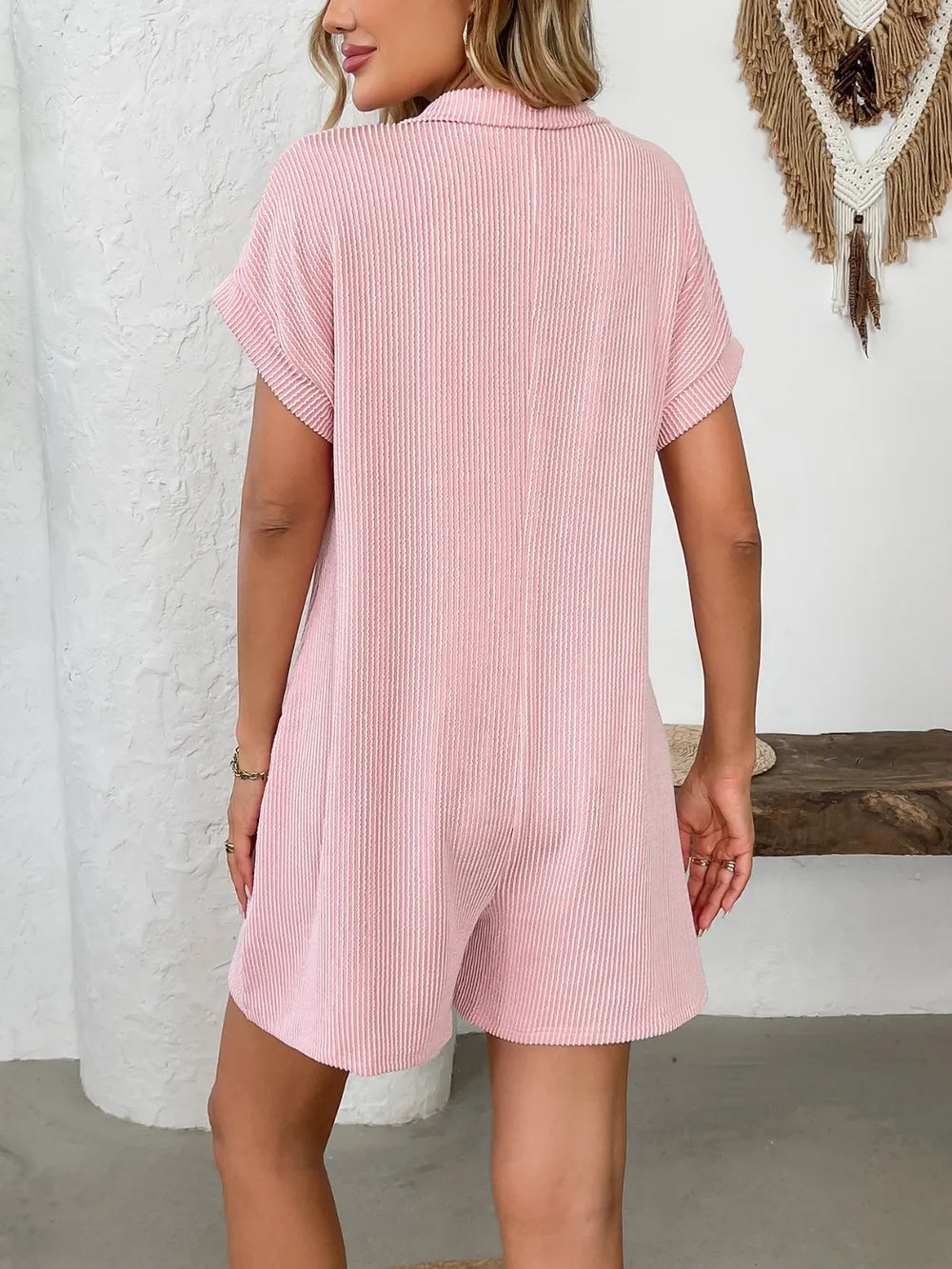 Button Detail Collared Neck Short Sleeve Romper - Lilixa.store