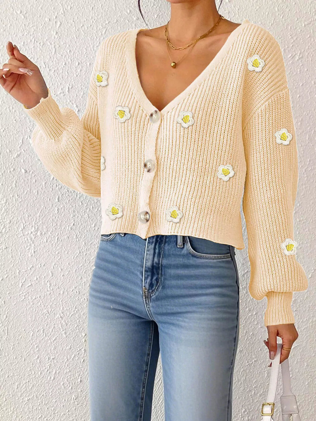 Floral V-Neck Button-Down Cropped Cardigan - Lilixa.store